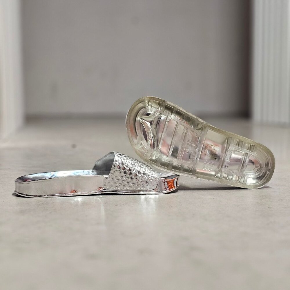 Metallic Silver Open-Toe Slide Sandals With Textured Upper & Clear Rubber Soles - Picture 4 of 6